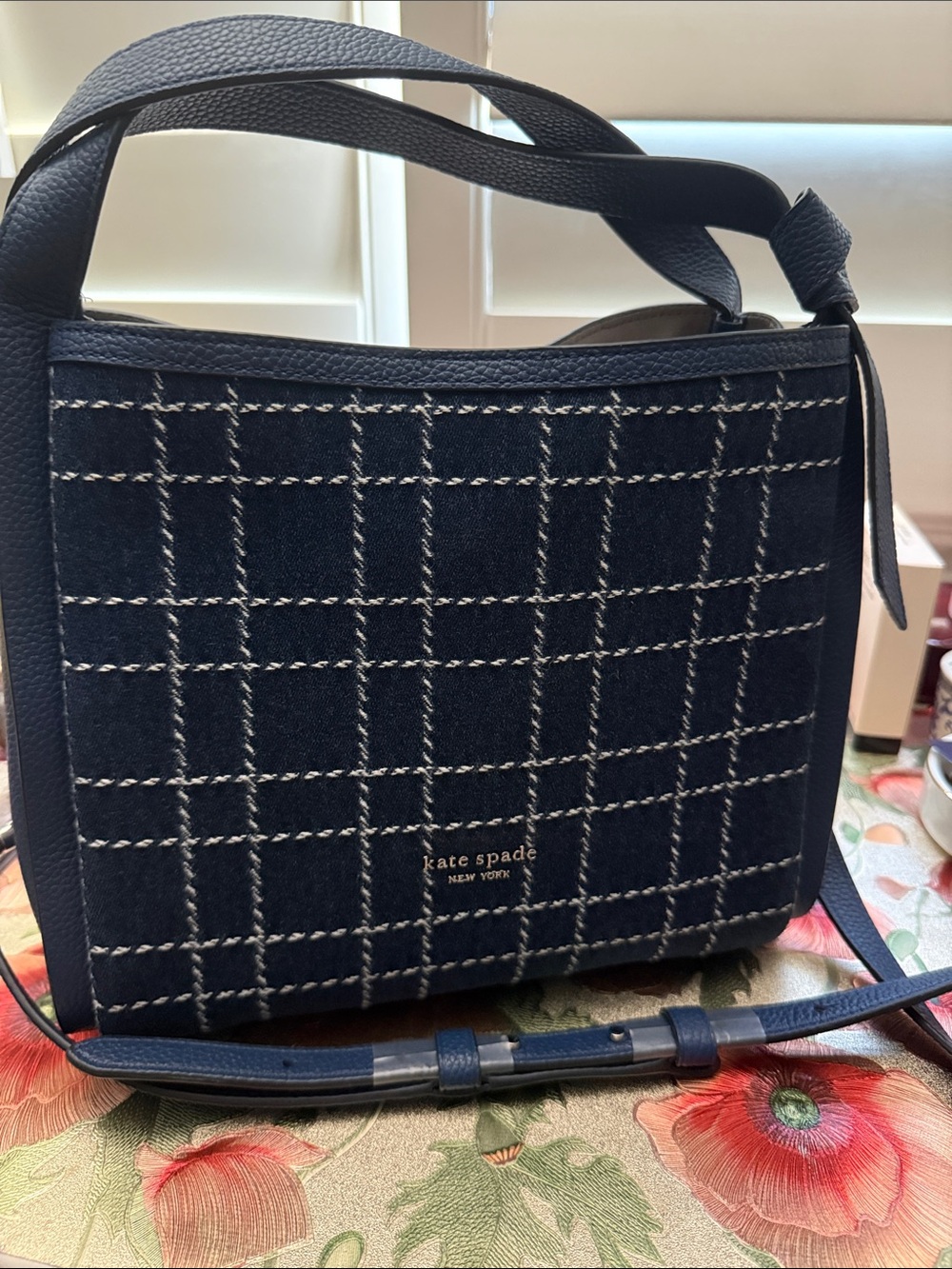 kate spade navy and white checked crossbody bag